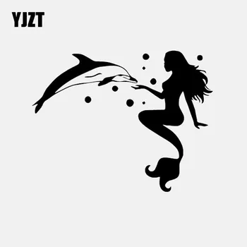YJZT 15.9 CM*12.4 CM, Auto Nálepky Vinyl Odtlačkový Morská panna S Delfínom Gir Čierna/Strieborná C24-0803