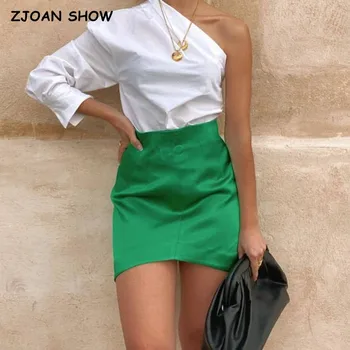 2021 Sexy Vysoký Pás Zelená Saténové Sukne ako Hodváb Lete Ženy Bodycon Mini Sukne