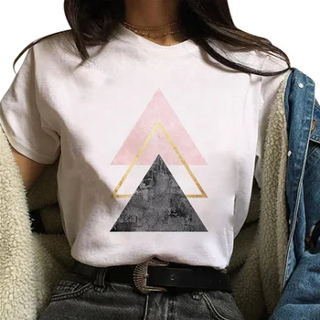 E25 Krásne geometrie tlačené Grafický T-shirt Topy Tee Roztomilý Krátky Rukáv Ženské tričká