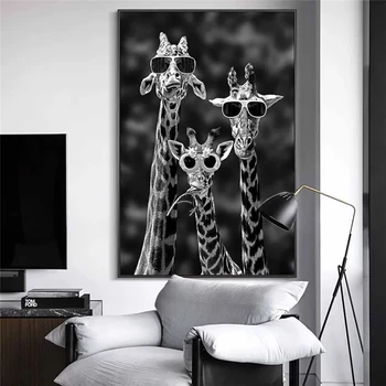 Vtipné Žirafa Rodiny s Okuliare Plátno na Maľovanie Plagátu a Tlače Čiernej a Bielej Zvierat Wall Art Obraz Domova Cuadros