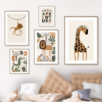 Jungle Zvierat Dino Tiger, Žirafa, Slon Opice Wall Art Plátno Na Maľovanie Nordic Plagáty A Tlač Obrazov Na Stenu Detská Izba Decor