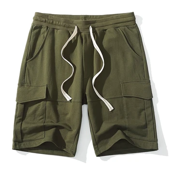 Akkad Kuti Lete Men ' s Army Green Cargo Šortky Bavlna Voľné Bežné Šport Sweatshorts Streetwear Multi-Vrecká Nadrozmerná Šortky