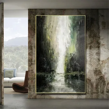 Nordic Domova Nástenné Maľby 100% Ručne Maľované Olejomaľba Abstraktné Vodopád Horského Potoka Zelené Plátno Na Stenu Umenie Obrázok