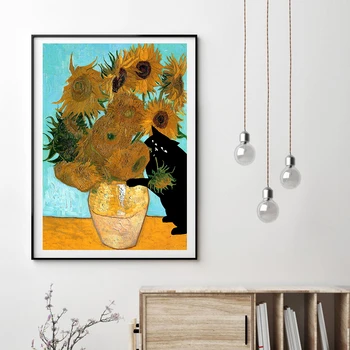 Matisse Rybka s Mačka Plagát Mačka a Van Gogh Slnečnice Maľovanie na Plátno, Vytlačí Rastliny Wall Art Obrázok pre Obývacia Izba Dekor