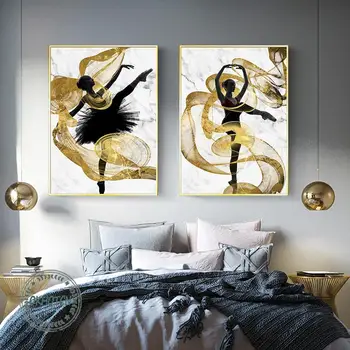 Abstrakt Luxusné Zlaté Streamer Surround Tancujúce Dievča Plátno na Maľovanie Obrázok Balet Wall Art Obrázky pre Obývacia Izba Domova