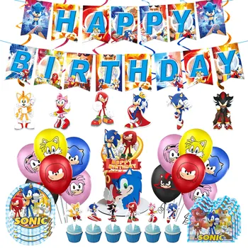 Deti Strany Narodeniny Dekorácie Rýchlosť Sonic Cartoon Balóny Nastaviť Papier Doska Obrúsok Chlapci Dievčatá Hračky Dieťa Sprcha Pozadie