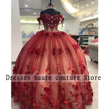 Luxusné Červené 3D Kvet Ramena Quinceanera Šaty 2023 Crystal Korálkové plesové Šaty, Sladké 15 Šaty Vestidos De Quinceañera