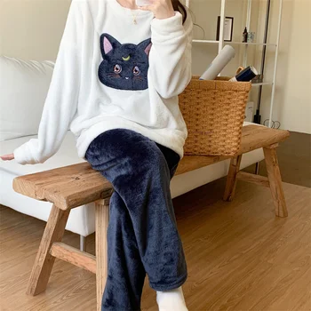 Zimné Pyžamá Pre Ženy Anime Luna Mačka Flanelové Sleepwear Fleece Teplo Domova Oblečenie Harajuku 2 Kus Oblečenie Pre Voľný Čas Mladé Dievčatá Pyjama