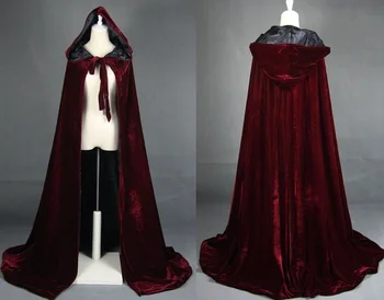 Červené víno čierny zamatový plášť s kapucňou svadobné cape Halloween wicca župan kabát Zásob svadobné šatkou stredoveké plášť
