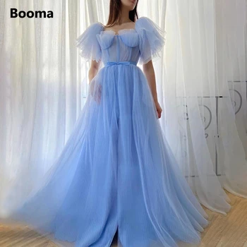 Booma Baby Blue Skladaný Tylu Prom Šaty, Zlatko Vrstvený Lístkového Rukávmi-Line Prom Šaty Luk Pás Dlhé Svadobné Party Šaty