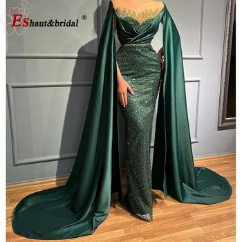 Elegantné Smaragdovo Zelená Korálkové Večerné Šaty s Cape Rukávy O Krk Morská víla Sequin Dubaj arabčina Dlho Formálne Prom Party Šaty