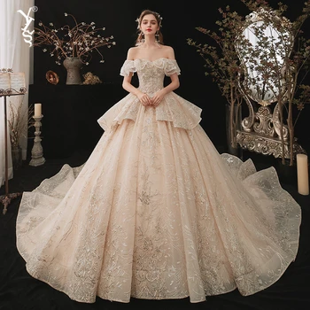 Princezná Šampanské Svadobné Šaty Off Ramenný Prehrabať Loď Krku Nášivka Lištovanie Dlho Odkalovacích Vlastnú Loptu Svadobné Šaty 2022