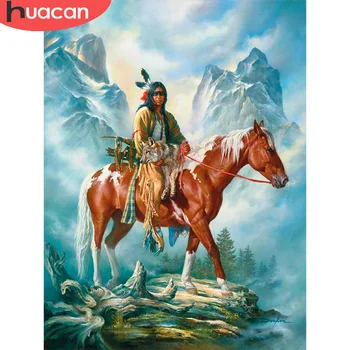 HUACAN Diamond Maľba Portrét Indiáni Diamond Výšivky Kôň Mozaikové Kamienky Obrázok Dekorácie Pre Domov