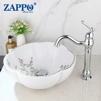 ZAPPO Kúpeľňa Umývadlo Nastaviť Chrome Vody Mixér Ťuknite na položku Art Keramické Umývadlo Nastaviť Jarné Kvety Dizajn, Batérie, Umývadlo W/ Pop Mozgov