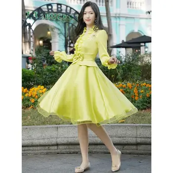 Móda Elegantné Ženy Zelené Šaty Bežné Sladké Solid Farba Svietidla Lístkového Rukáv Lady Office Skromné Pracovné Oblečenie Vestidos Šaty Nové