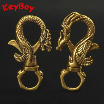 Vintage Medi Dragon Phoenix Pár Keychains Čačky Mosadz Čínsky Mýtické Zvieratá Šťastie Keyrings Šperky Kľúča Vozidla Držiteľov