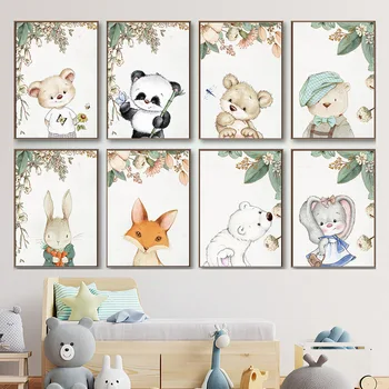 Panda Medveď, Líška, Zajac Kvet, List Cartoon Zvierat Wall Art Plátno Na Maľovanie Nordic Plagáty A Vytlačí Na Stenu Obrázky Detská Izba Decor