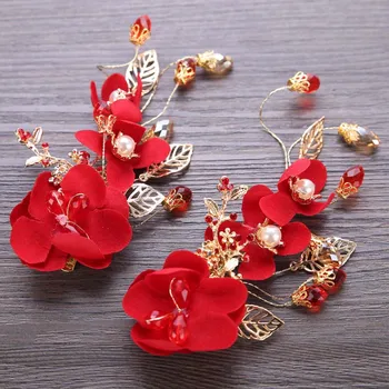 Nové Módne Čínsky Červený Kvet Simulované Crystal Pearl Vlasy Klip Vlásenky Noiva Svadobné Nevesty Svadobné Závoj, Dekorácie, Šperky