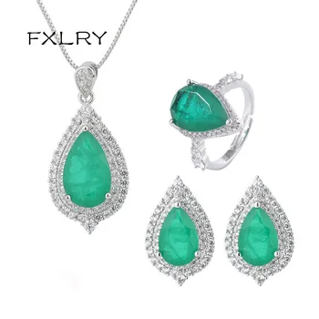 FXLRY Módne, elegantné AAA zelenými zirkónmi waterdrop vintage náhrdelník prívesok náušnice krúžok jewerly sady pre ženy