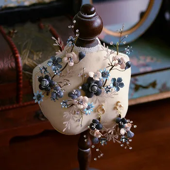 Móda Ručné Modrý Kvet Headpiece S Náušnice Svadobné Vlasové Doplnky Pre Nevesty Vintage Šperky Tiara Diadema