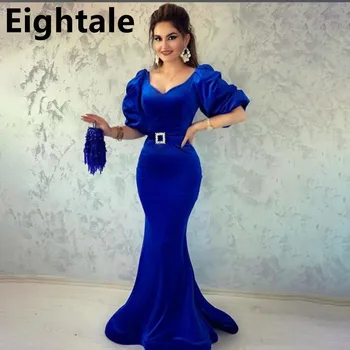 Eightale Kráľovská Modrá Morská Víla Velvet Večerné Šaty Pre Svadobné Party Lístkového Rukáv Celebrity Šaty Arábia Formálne Ženy Prom Šaty
