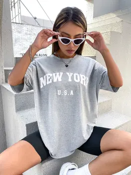 USA New York List 100% Bavlna Ženy T-Shirts Lete Bežné Krátky Rukáv Voľné Bavlnené Tričko O-Krku Priedušná tee Tričko Žena