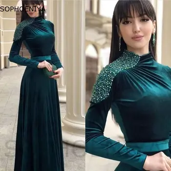 Nové Príchodom-Line Dlhý rukáv večerné šaty 2023 Velvet Dubaj arabčina Večerné šaty pre ženy Vestidos elegantes